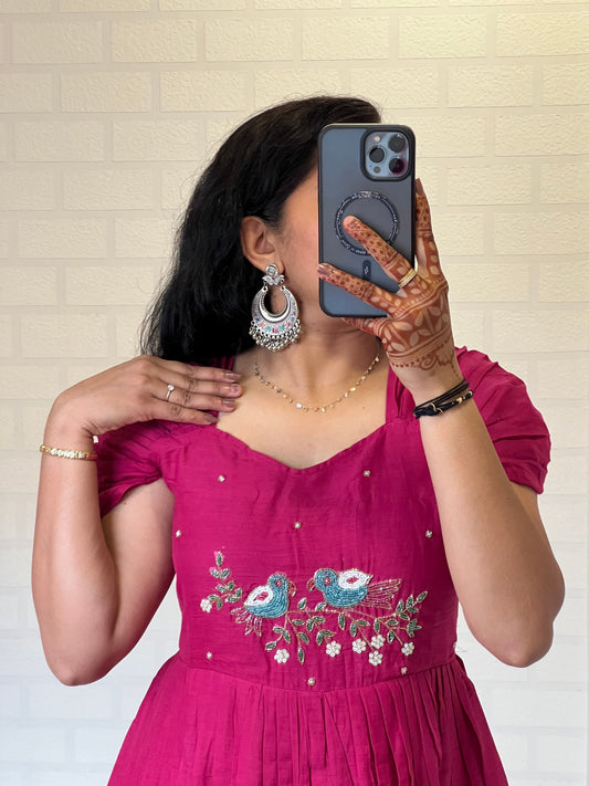 Pink Color Pure Mul Cotton Hand Maggam work Kurti