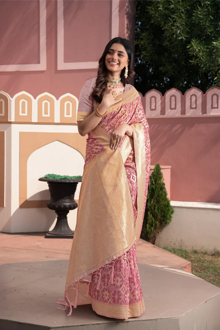 Vastraan Pink Ikat Silk Saree – Zari Woven Elegance