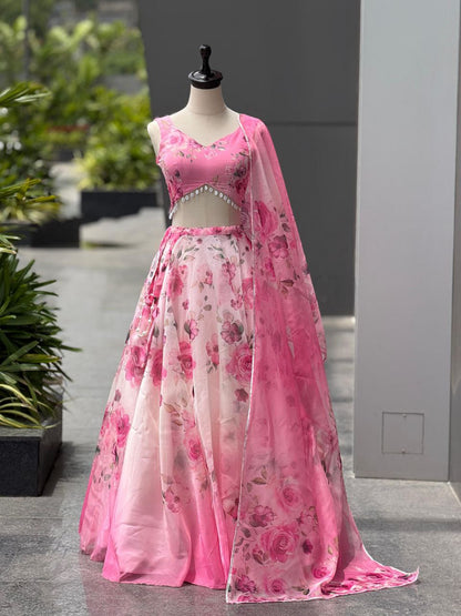 Party Wear Lehenga Choli – Pink Pure Organza | Vastraan