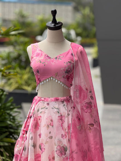 Party Wear Lehenga Choli – Pink Pure Organza | Vastraan