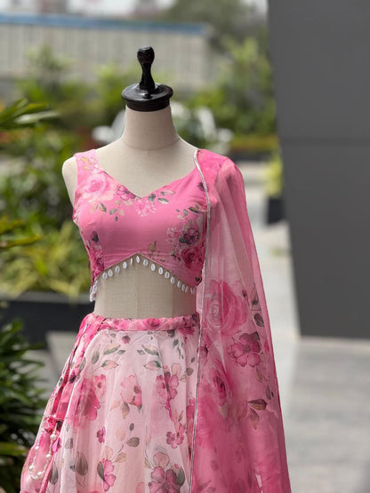 Party Wear Lehenga Choli – Pink Pure Organza | Vastraan
