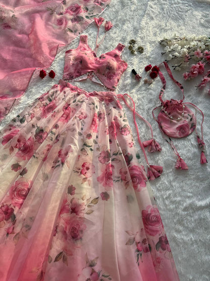 Party Wear Lehenga Choli – Pink Pure Organza | Vastraan