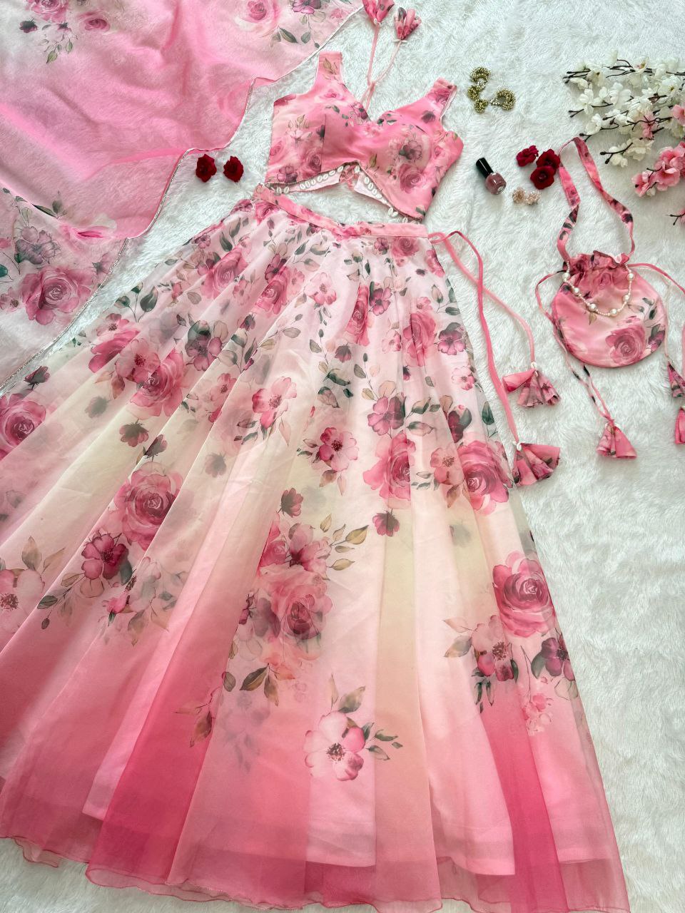 Party Wear Lehenga Choli – Pink Pure Organza | Vastraan