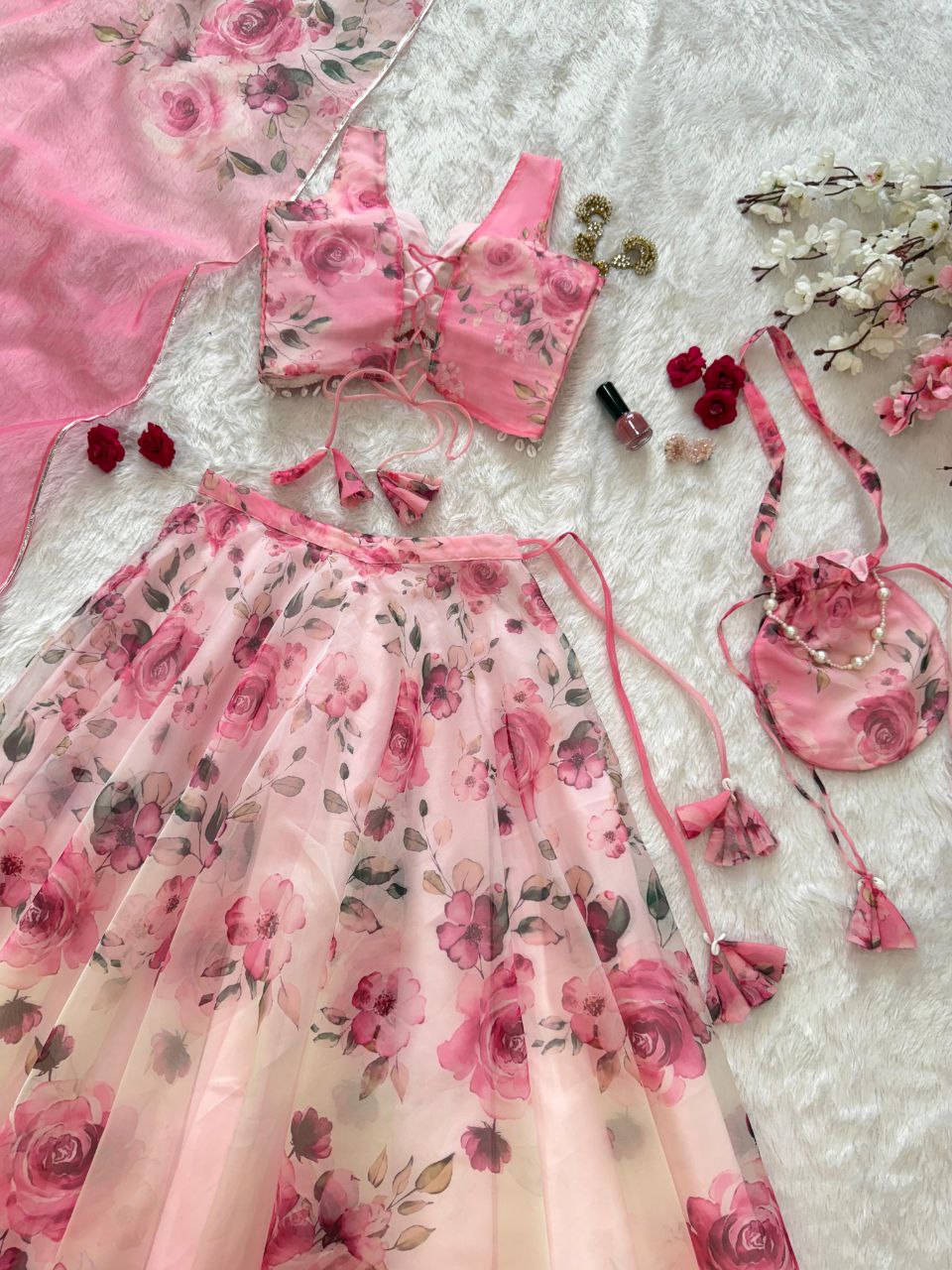 Party Wear Lehenga Choli – Pink Pure Organza | Vastraan