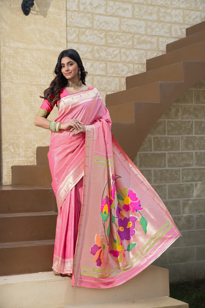 Elegant Pink Paithani Soft Silk Saree