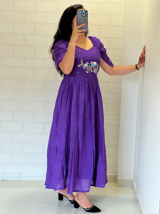 Purple Color Pure Mul Cotton Hand Maggam work Kurti