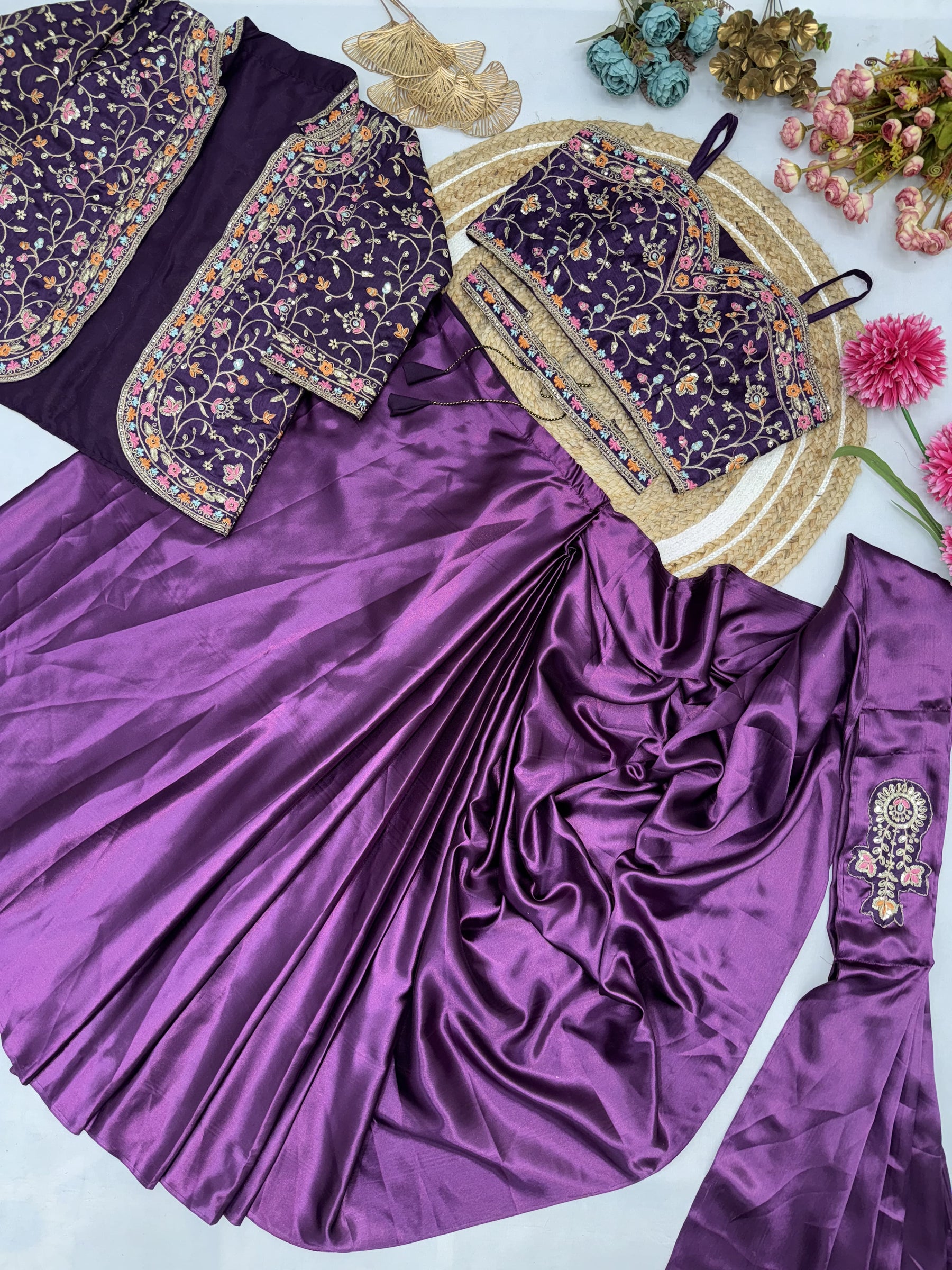 New Purple Color Ready to Wear Saree With Stitched Blouse belt and Jacket