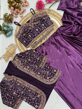 New Purple Color Ready to Wear Saree With Stitched Blouse belt and Jacket