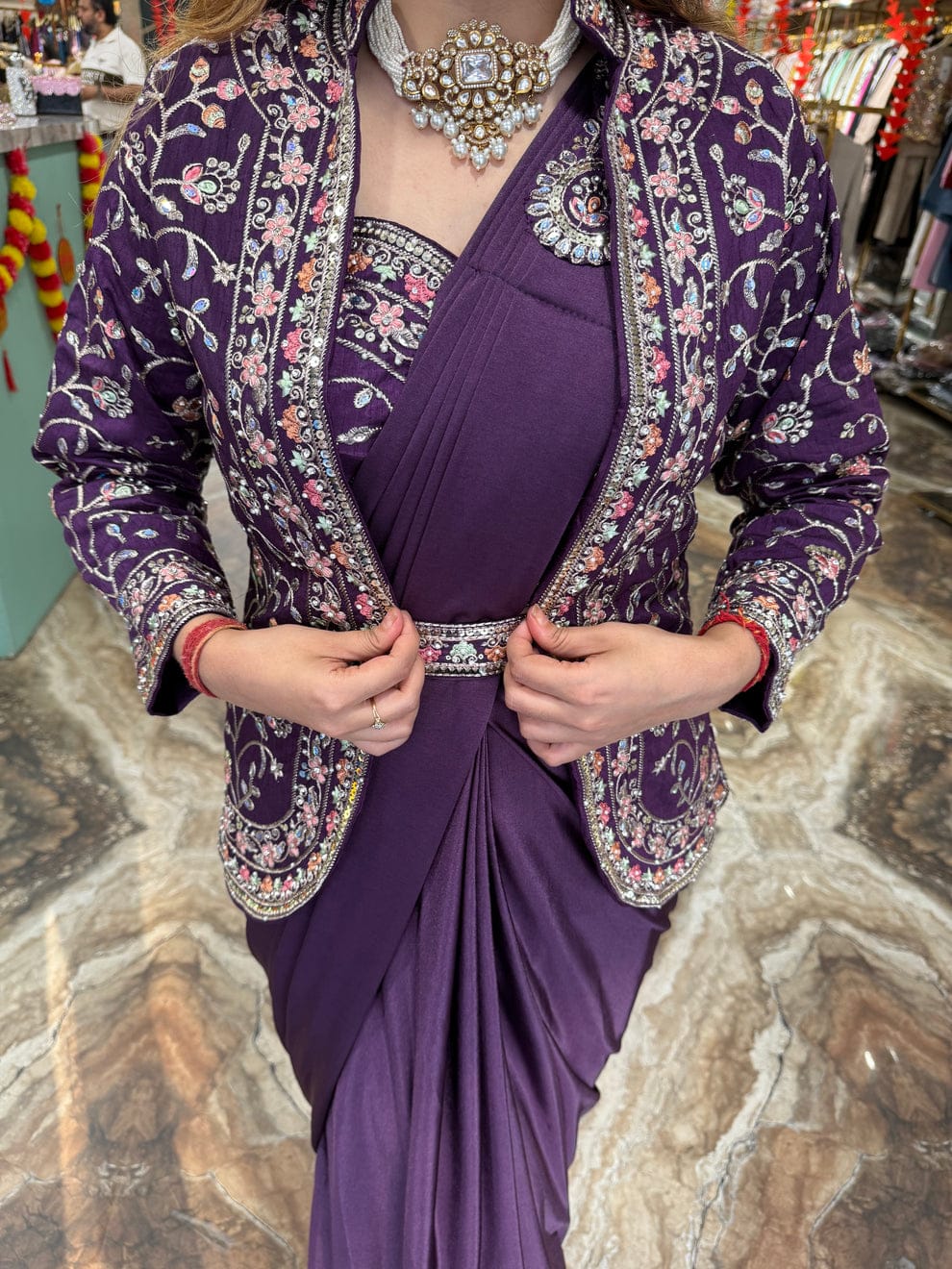 New Purple Color Ready to Wear Saree With Stitched Blouse belt and Jacket