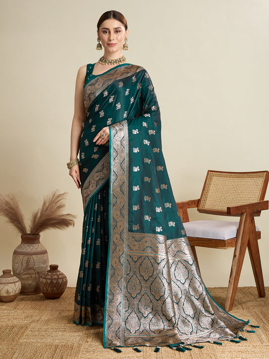 Designer Silk Saree with Rich Zari Weaving & Tassel Pallu (Rama)