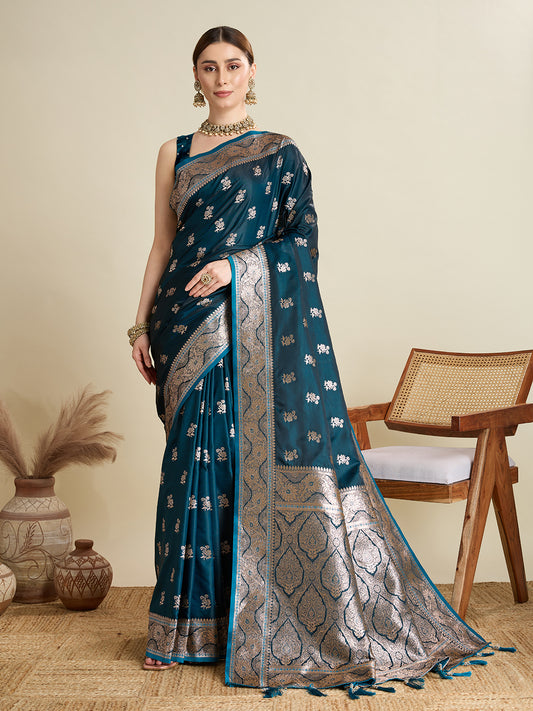 Designer Silk Saree with Rich Zari Weaving & Tassel Pallu (Teal)