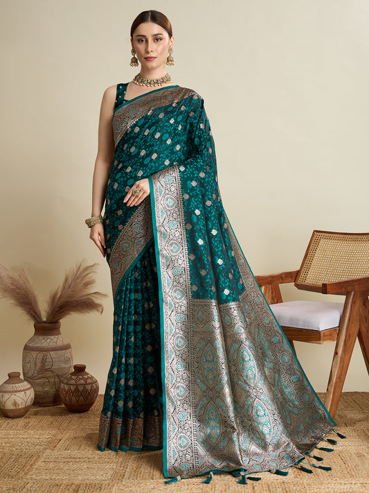 Rama Color Soft Silk Zari Weaving Saree with Designer Blouse