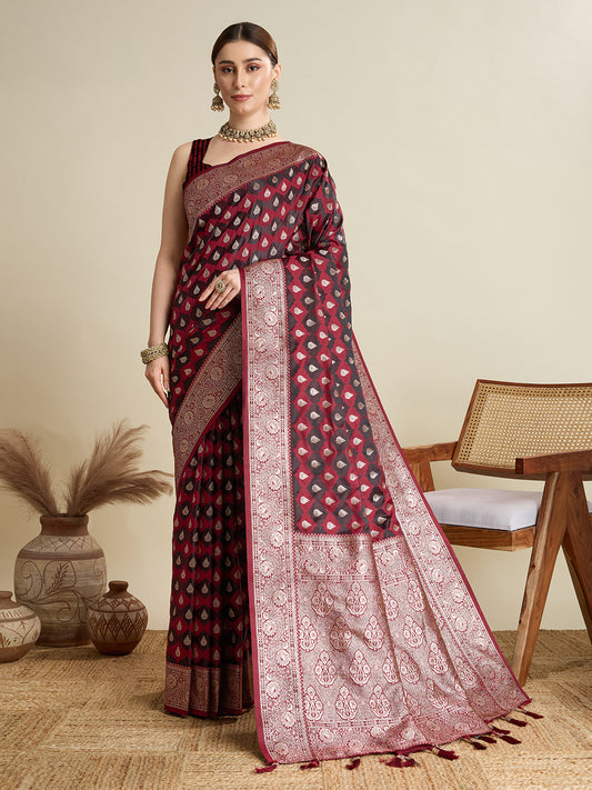 Maroon Soft Silk Saree with Zari Weaving & Designer Blouse – Wedding & Party Wear