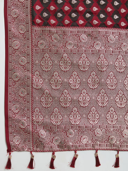 Maroon Soft Silk Saree with Zari Weaving & Designer Blouse – Wedding & Party Wear