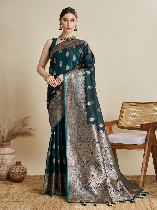 Designer Silk Saree with Heavy Zari Weaving & Rich Pallu for Festive & Wedding Wear (Rama)