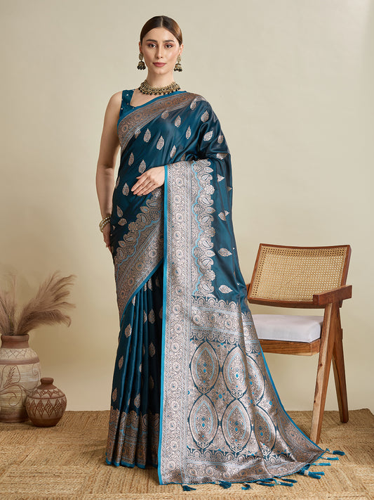 Designer Silk Saree with Heavy Zari Weaving & Rich Pallu for Festive & Wedding Wear (Teal)