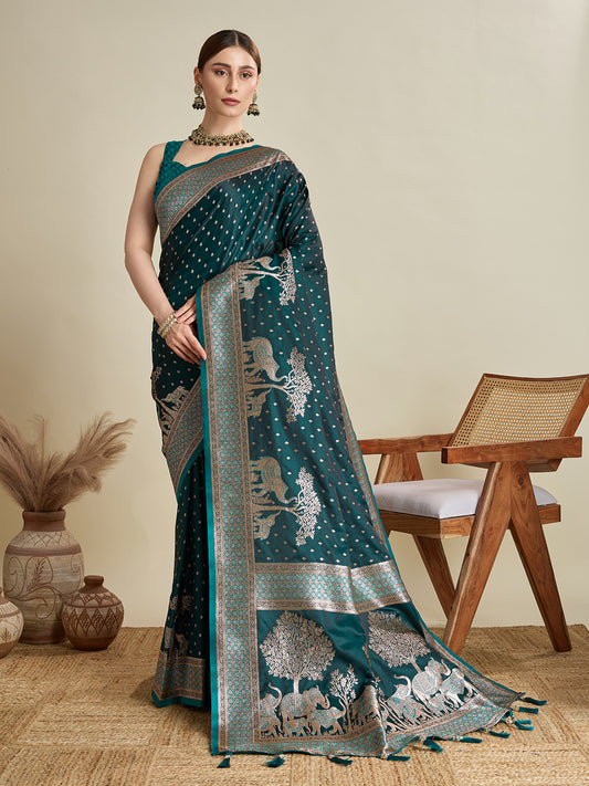 Rama Color Soft Silk Zari Weaving Saree for Wedding And Party