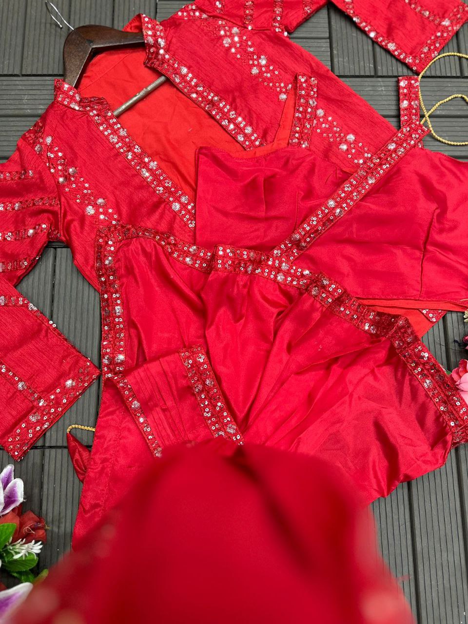 Red Heavy Satin Saree with Embroidered Jacket & Belt