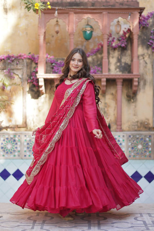 Amazing Red Color Georgette Frill Work Party Wear Gown