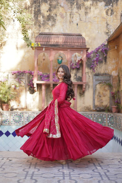 Amazing Red Color Georgette Frill Work Party Wear Gown