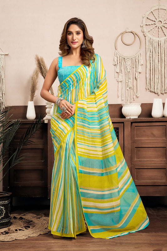 Ready-to-Wear Saree – Aqua Blue Linen with Pocket | Vastraan
