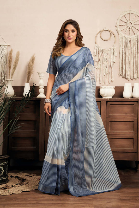 Ready-to-Wear Saree – Blue Linen with Pocket | Vastraan