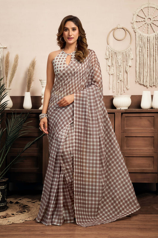 Ready-to-Wear Saree – Brown Linen with Pocket | Vastraan
