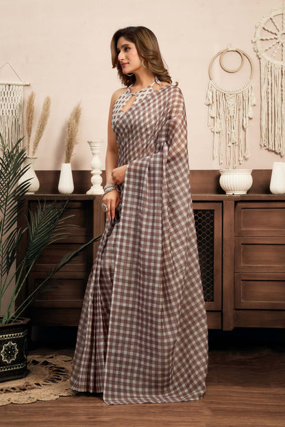 Ready-to-Wear Saree – Brown Linen with Pocket | Vastraan