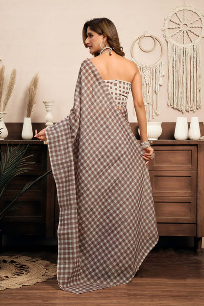 Ready-to-Wear Saree – Brown Linen with Pocket | Vastraan