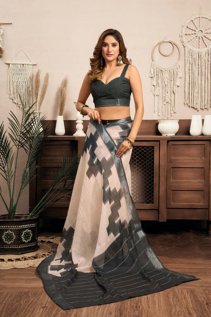 Ready-to-Wear Saree – Cream Linen with Pocket | Vastraan