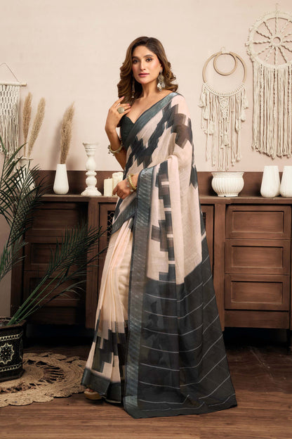 Ready-to-Wear Saree – Cream Linen with Pocket | Vastraan