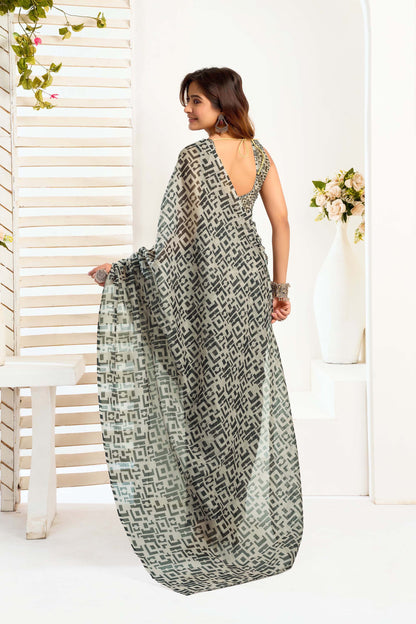 Ready-to-Wear Saree – Grey Linen with Pocket | Vastraan