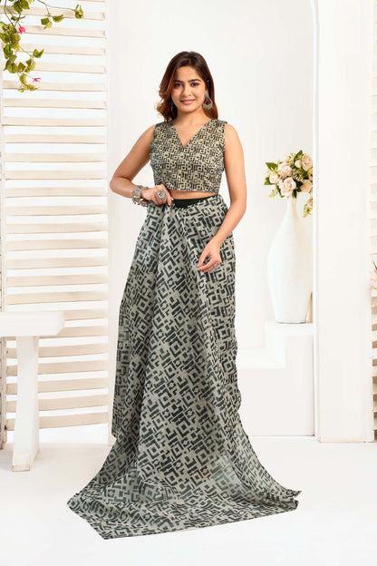 Ready-to-Wear Saree – Grey Linen with Pocket | Vastraan