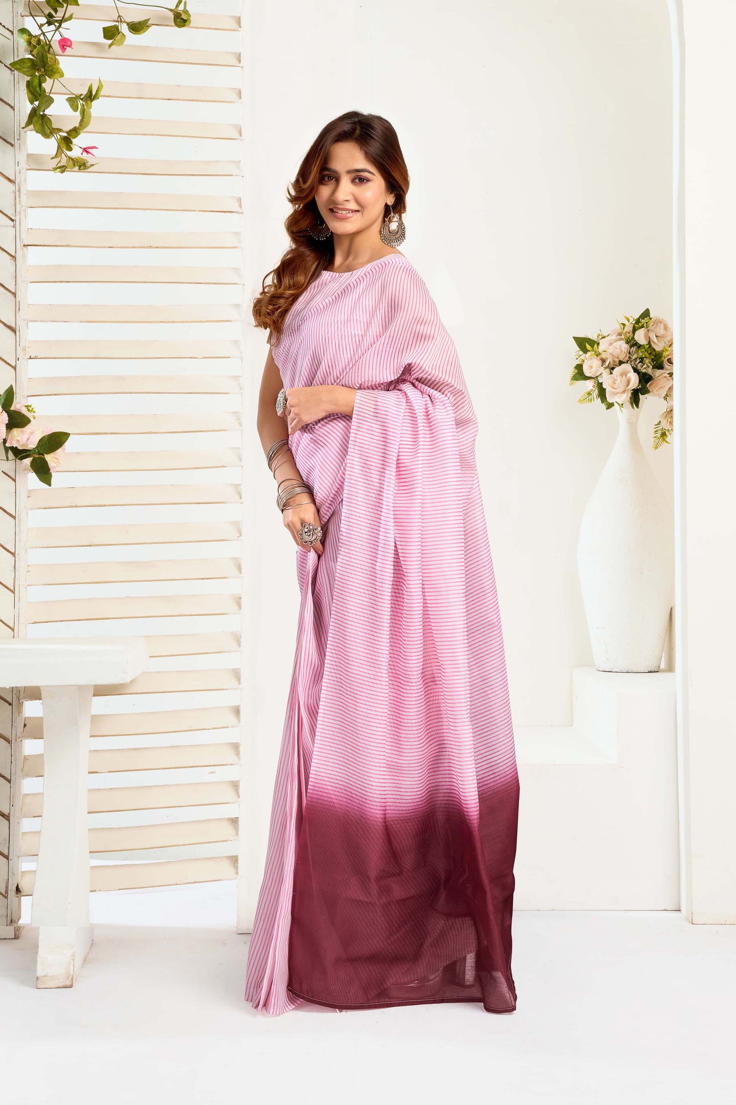 Ready-to-Wear Saree – Light Pink Linen with Pocket | Vastraan