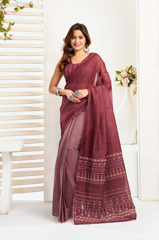 Ready-to-Wear Saree – Maroon Linen with Pocket | Vastraan