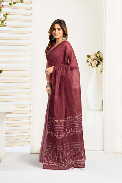 Ready-to-Wear Saree – Maroon Linen with Pocket | Vastraan