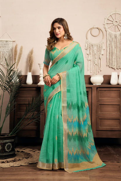 Ready-to-Wear Saree – Mint Green Linen with Pocket | Vastraan