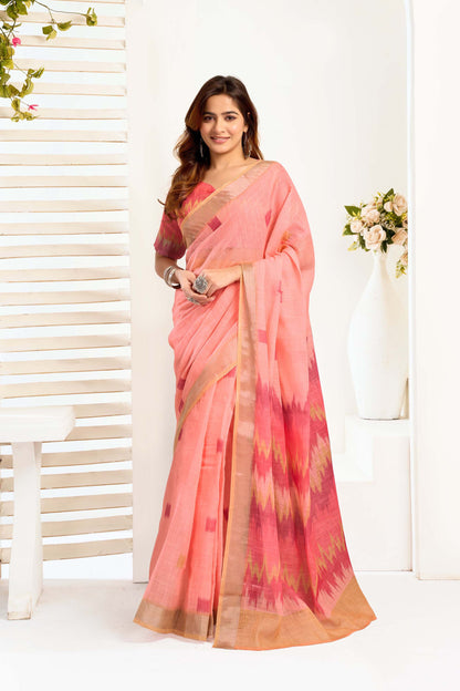 Ready-to-Wear Saree – Peach Linen with Pocket | Vastraan
