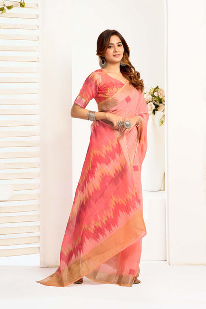 Ready-to-Wear Saree – Peach Linen with Pocket | Vastraan
