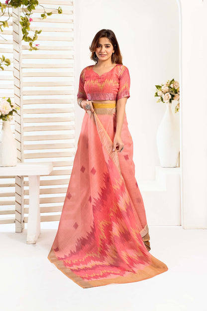 Ready-to-Wear Saree – Peach Linen with Pocket | Vastraan
