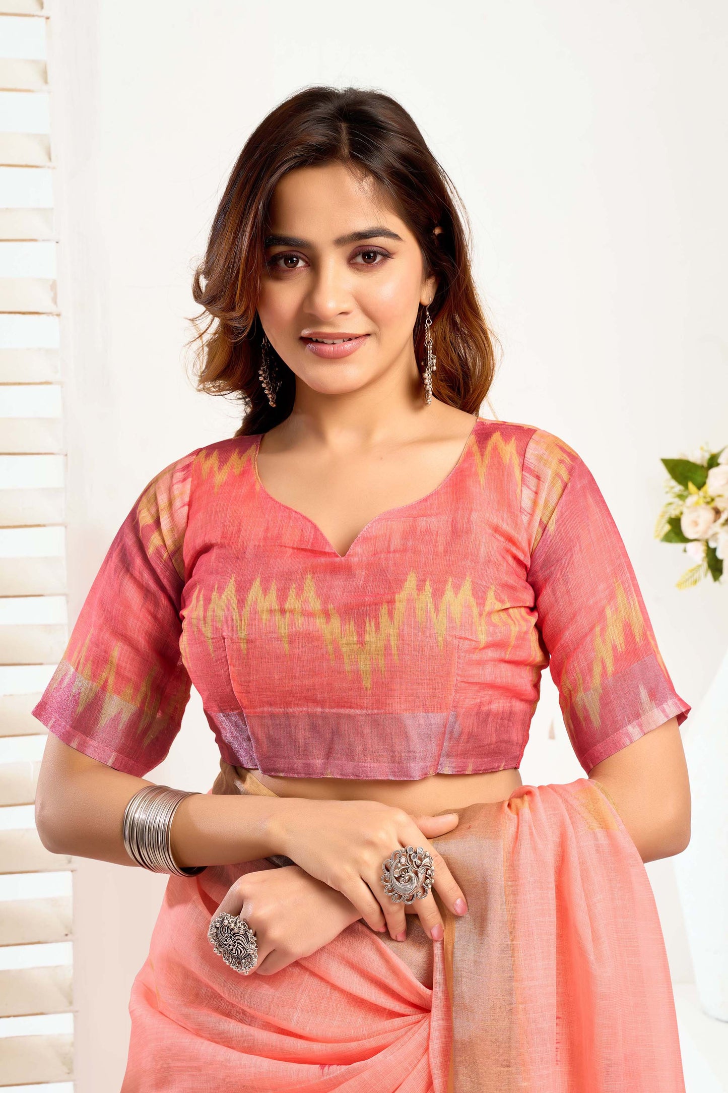 Ready-to-Wear Saree – Peach Linen with Pocket | Vastraan