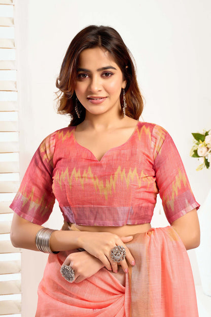 Ready-to-Wear Saree – Peach Linen with Pocket | Vastraan