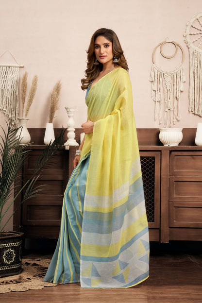 Ready-to-Wear Saree – Yellow Linen with Pocket | Vastraan