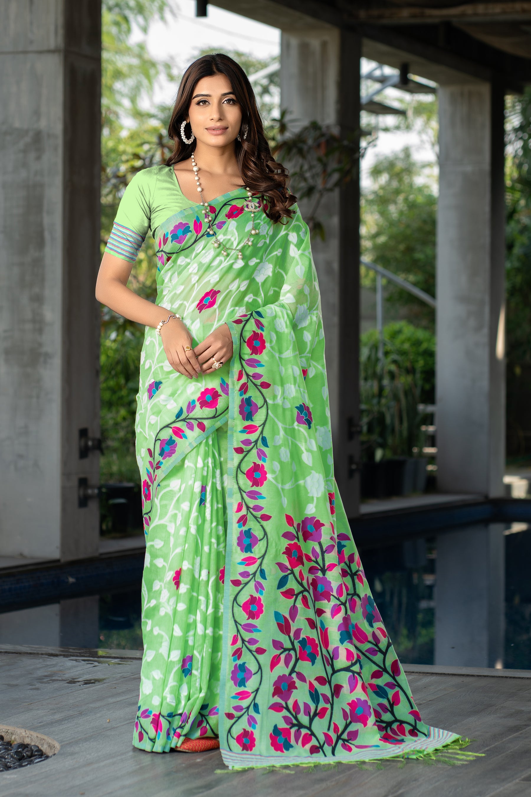 Claasic Ruhani Green Color Cotton Jamdani Saree