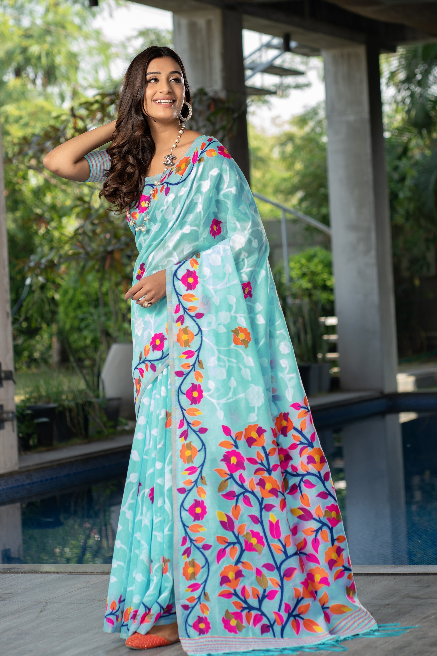 Claasic Ruhani Sky blue Color Cotton Jamdani Saree