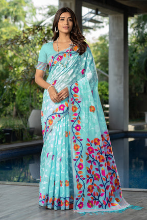 Claasic Ruhani Sky blue Color Cotton Jamdani Saree