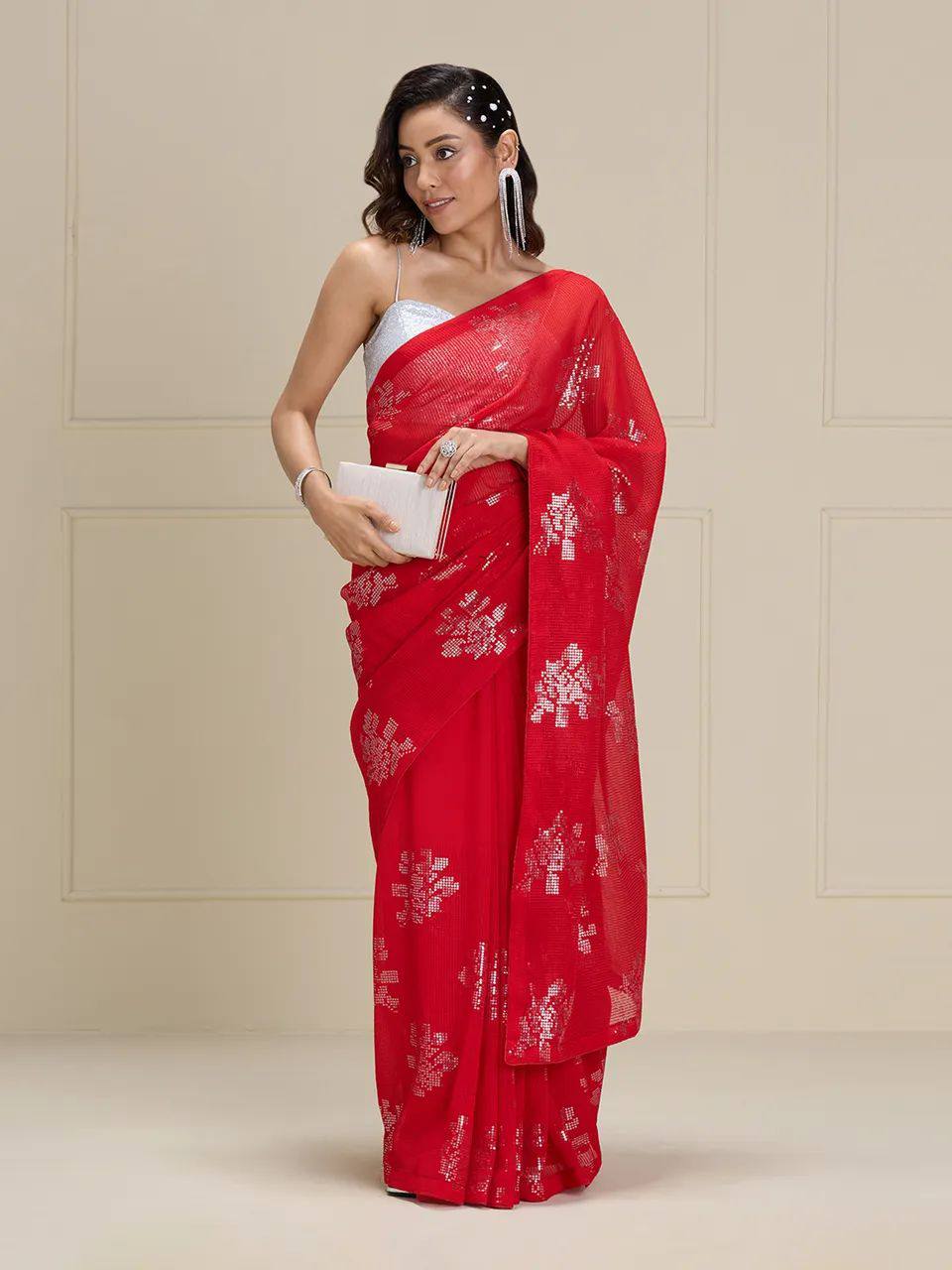 Red Sequin-Embroidered Georgette Saree