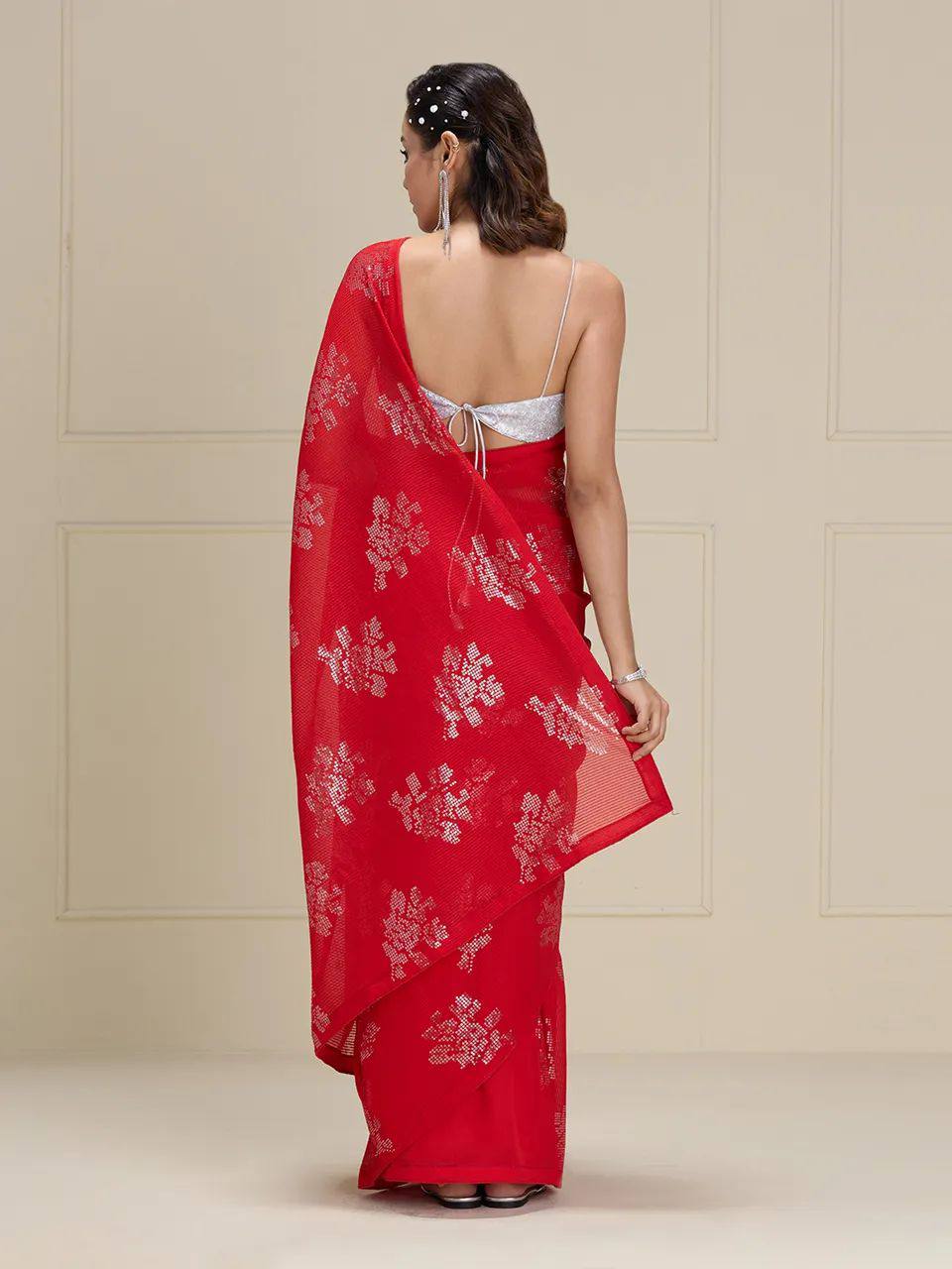 Red Sequin-Embroidered Georgette Saree