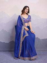 Royal Blue Georgette Digital Print With Embroidery Saree