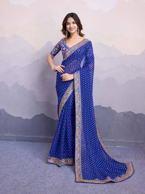 Royal Blue Georgette Digital Print With Embroidery Saree